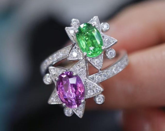 18k gold natural pink sapphire and tsavorite engagement ring/Double stone diamond halo engagement ring/custom wedding ring/unique sister