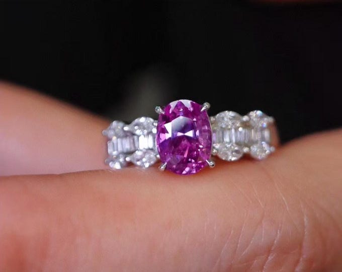 Natural high end Padparadscha engagement ring/Natural purple pink sapphire engagement ring/Unique purple sapphire engagement ring diamond