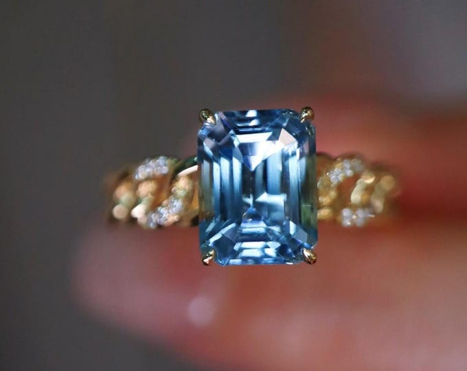 18k solid gold natural Santa Maria aquamarine ring/Diamond paved aquamarine engagement ring/Aquamarine solitaire fine ring for women