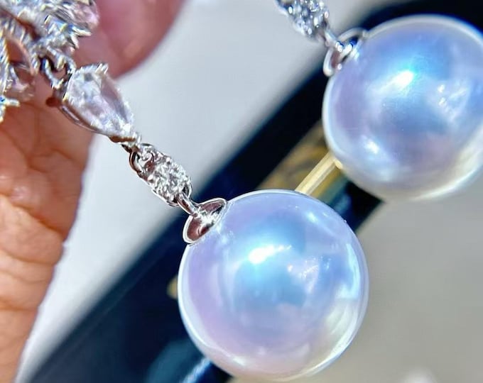 13mm natural Japanese Akoya Sea Pearl saltwater pearl Earrings in 18k white gold/Pearl earrings with diamond/handmade earrings anniversary