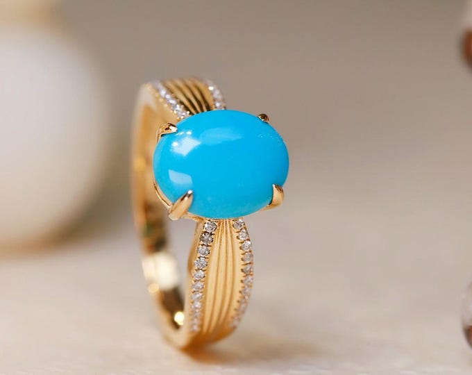 Real natural Turquoise ring in 18k solid gold/Cabochon natural turquoise engagement ring women/unique handmade fine ring women anniversary