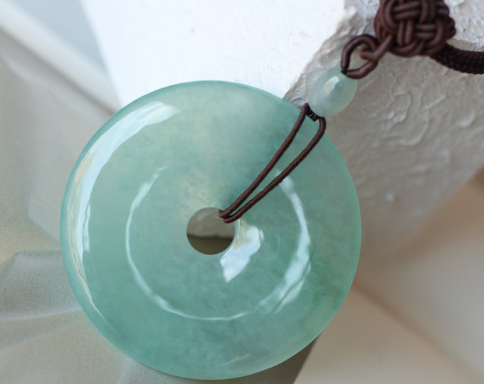 Natural Myanmar Burmese Icy Green Jadeite Jade Donut Pendant with Hand knitting Rope/Real Jade Cabochons/Genuine jade jewelry/Type AJade