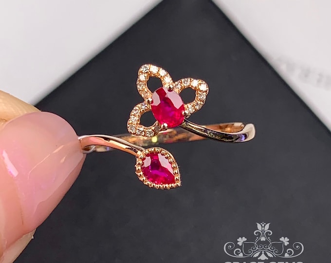 Flowery Vintage natural Ruby Engagement Ring with Diamonds in 18K rose gold/Pear Shape Genuine Ruby Ring/Star Ruby Ring/Multi-stone New mom