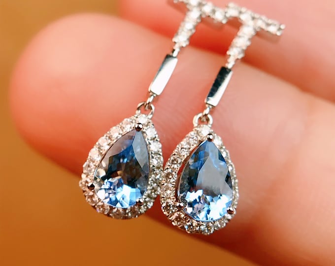Custom 18k white gold Natural Saint Mario Pear Aquamarine earrings with diamonds/Engagement Wedding studs/Anniversary Birthday gift for her