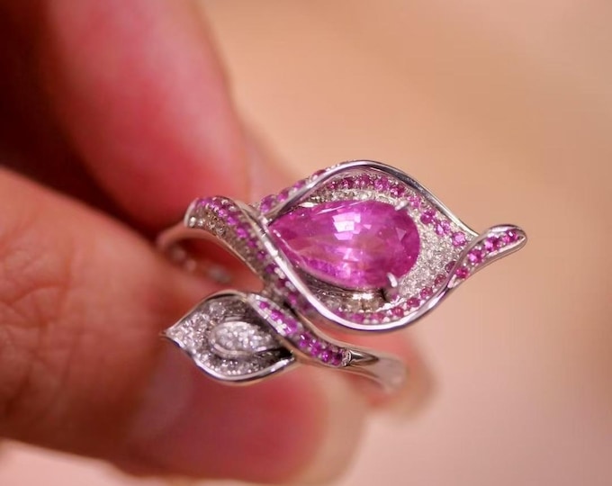 18k white gold Genuine Padparadscha sapphire engagement ring with diamonds/Pink sapphire fine ring/Art Deco pink sapphire ring anniversary