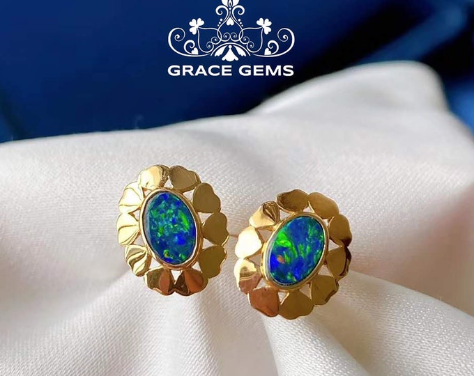 18k Solid Rose Gold Australian Opal doublets Studs Earrings/Raw Stone jewelry/Dragon breath Opal/Boulder Raw Opal/Mindfulness new mom gift