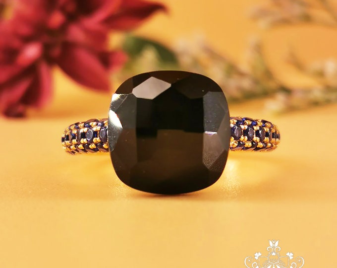 18k/14k gold black onyx ring/Black stone Engagement Wedding Ring with sapphire/Custom half Eternity/Handmade Unique Anniversary Gift for her