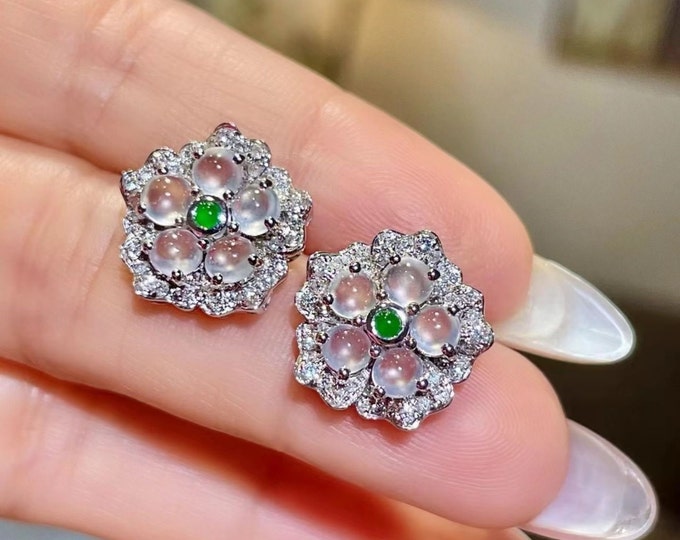 18k white Gold Myanmar Natural Icy Type Jadeite Jade Studs/Emerald Flower Heart/Translucent Burmese Jade earrings/One of a kind gift for her