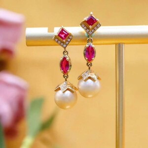 18k Gold Ruby Pearl Dangle Earrings: Handmade Fine Ruby Jewelry/bespoke jewelry,one of a kind,high end gift,everyday luxury,custom fine ruby