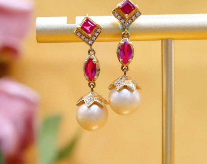 18k solid gold natural ruby and pearl earrings/Natural sea water pearls dangles/Handmade custom fine jewelry/Ruby dangles/Pearl dangles