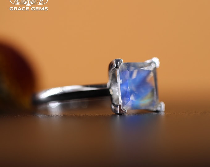 18k gold Emerald Cut Genuine Moonstone ring/Celtic vintage Engagement Wedding moonstone Ring with diamond/double color Gem band/bridal gift