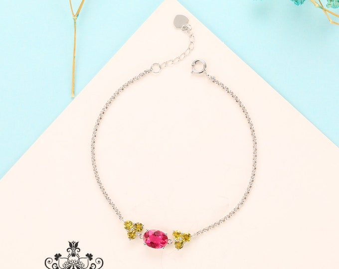 Red Tourmaline bracelet in solid 18k14k gold with yellow Sapphire/Dainty handmade gemstone bracelet/Rubellite tourmaline quarts/Birthstone