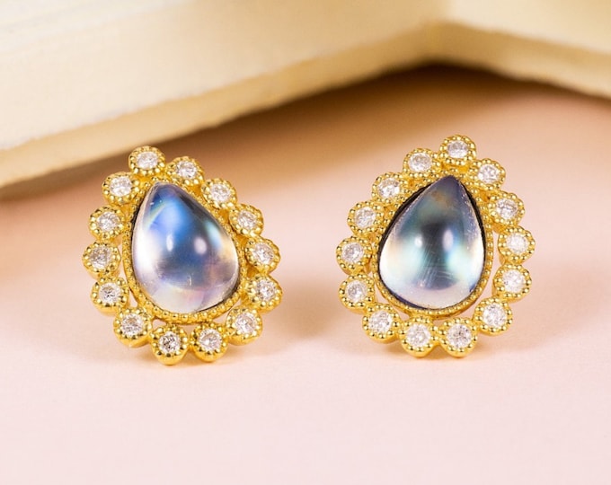 18k gold 6x8mm natural moonstone earrings with diamond halo/Certified natural moonstone studs/Handmade  dangler/Unique vintage gift for her