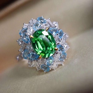 18k Gold Natural Green Garnet ring with Diamonds and topaz/Unique Tsavorite engagement ring/Green Garnet Halo Ring/Tsavorite Promise ring
