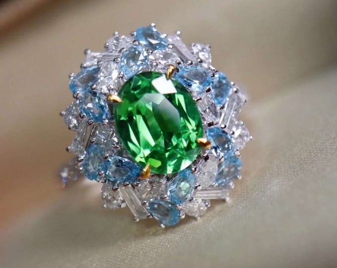 18k Gold Natural Green Garnet ring with Diamonds and topaz/Unique Tsavorite engagement ring/Green Garnet Halo Ring/Tsavorite Promise ring