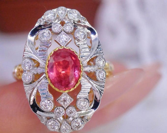 Natural Lagoon Orange Red Spinel Ring with Diamonds, Statement Cocktail Ring, Vintage Style Spinel Jewelry, Luxury Gemstone Ring