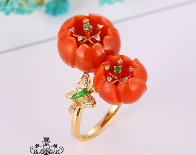 Complicated Carved Double Flower agate Engagement Wedding Ring in 18k14k gold diamond and Tsavorite/Custom Full Eternity Agate Anniversary