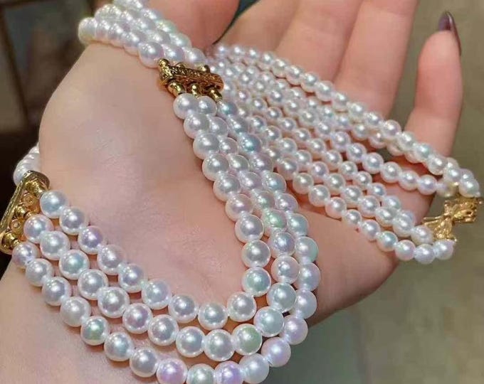 5mm Natural Japanese Akoya pearl necklace with 18k gold clasp/Custom real salty pearl necklace/high end white pearl multi-layer necklace