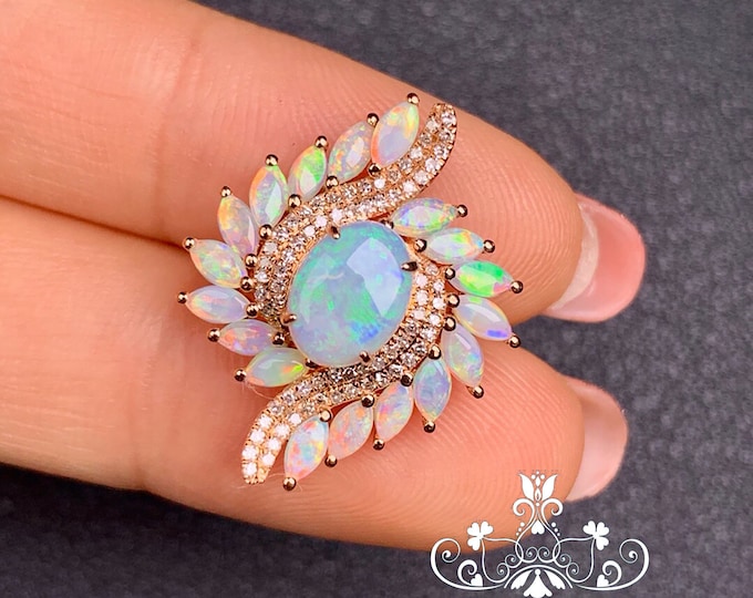 18K Rose Gold Unique Shape Natural Australian Opal Pendant with Genuine Diamonds/Raw Stone Boulder Fire Opal Necklace/Dragon Breath Opal