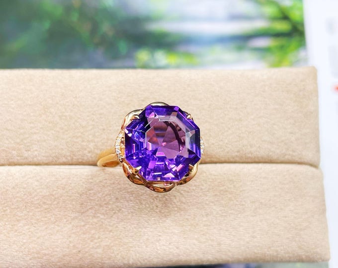 18k gold asscher cut natural amethyst engagement promise wedding ring with diamonds/one of a kind gift for her/Art Deco/February birthstone