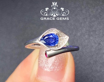 Multi-stone Lily 18k14k white gold sapphire engagement ring with natural diamonds/Blue gemstone/Vintage Antique/Art Deco/Boho Celtic Unique