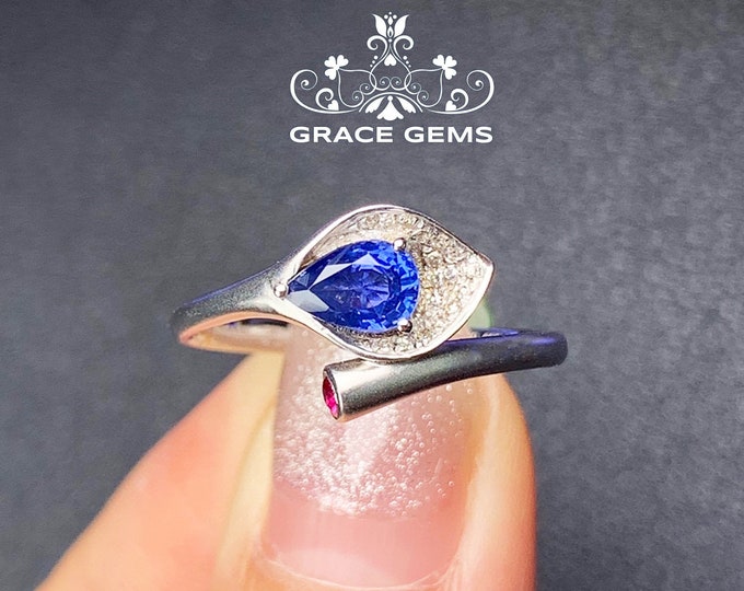 Multi-stone Lily 18k14k white gold sapphire engagement ring with natural diamonds/Blue gemstone/Vintage Antique/Art Deco/Boho Celtic Unique
