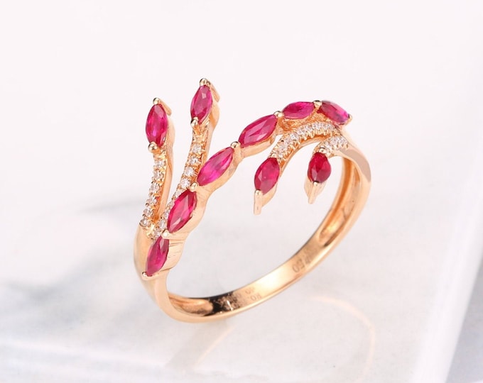 18K Rose Gold ruby ring/Natural Engagement Ring with Diamonds/halo ruby wedding ring/Vintage Handmade jewelry ring for women Bridal set/boho