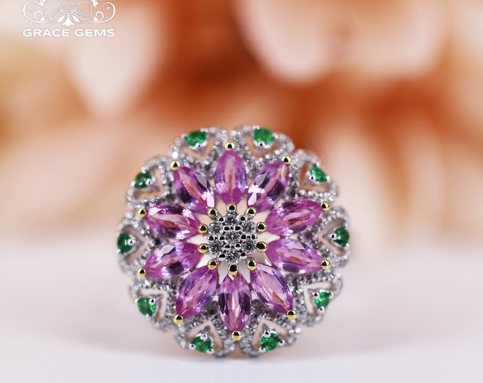 18k white gold multi-stone Genuine Padparadscha sapphire ring with diamonds emeralds/engagement wedding ring/Vintage Art Deco/One of a kind