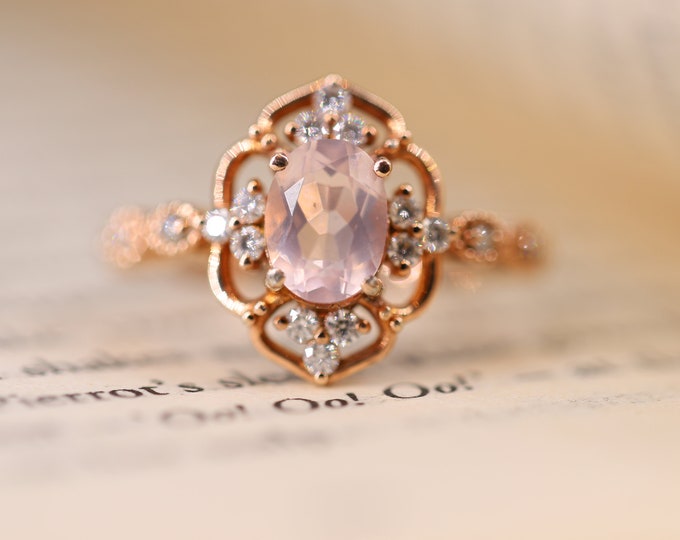 14k 18k Rose Gold 6X8mm Morganite ring/Art Deco Engagement Wedding Ring/Unique Anniversary Gift/Handmade designer Creative Best Friend gift