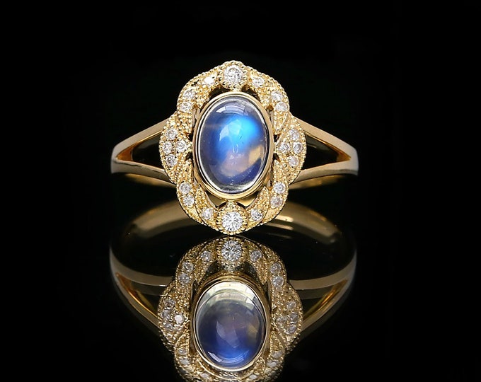 18k Yellow Gold  Moonstone Engagement Ring/Eternity halo diamond band/6X8mm Color changing Wedding ring/Unique Viking Ring/Handmade Art Deco