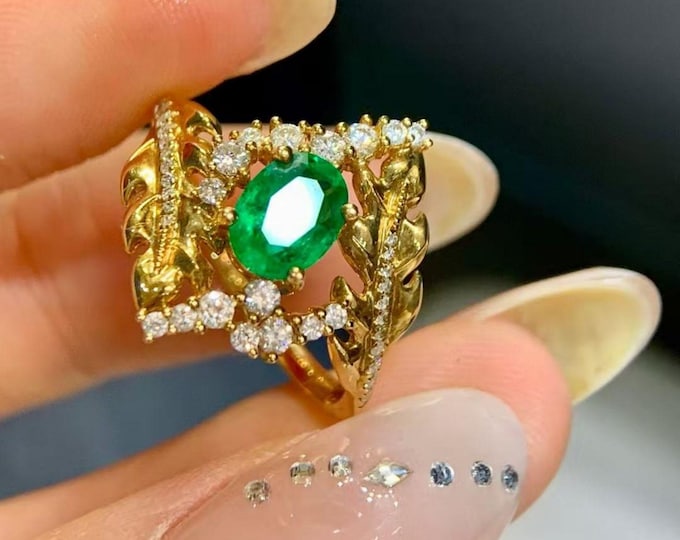 unique natural emerald ring in solid gold/handmade emerald fine ring with diamonds/high end personalized fine jewelry gift/engagement ring