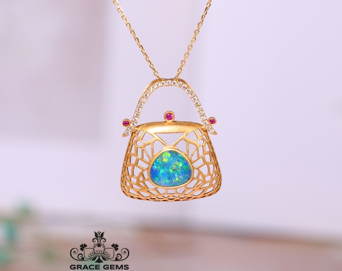 Dainty Bag shape Genuine Australian Black Opal Pendant in 18k gold diamond and rubies/Boulder Opal Necklace/Anniversary Birthday Choker