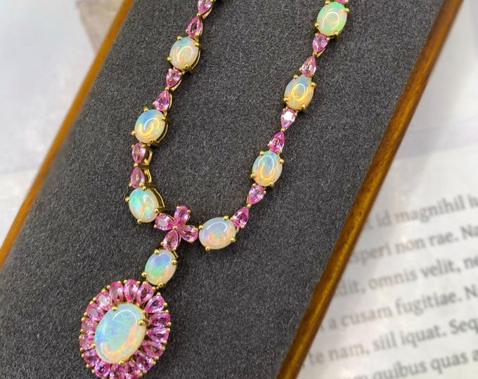 Natural Quality Australian Opal Pendant Necklace in 18k rose Gold Pink Sapphire Halo/unique handmade opal cabochon necklace/birthday jewelry