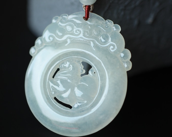 Unique Carved Natural Grade A transparent Myanmar Jadeite dragon Pendant/One of a kind Boho Anniversary Gift/Handmade masterpiece/Untreated