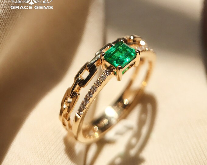 Untreated Natural Emerald Engagement Wedding Ring in solid 18k gold with diamonds/Vintage Unique custom bridal set/Delicate promise ring