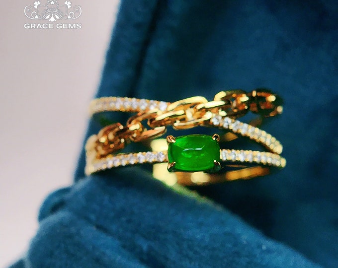18k Solid Gold Untreated Natural Emerald Engagement Wedding Ring with diamonds/Vintage Unique custom bridal/Delicate promise ring for her