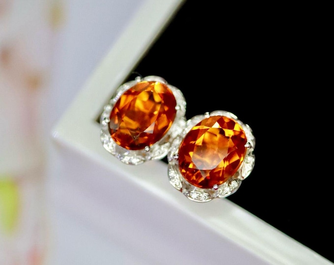 Natural orange citrine halo studs in 18k rose gold/Lagoon ember citrine stud earrings birthstone jewelry women anniversary earrings/handmade