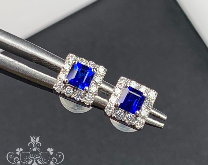 Emerald Cut Genuine Royal Blue Sapphire studs in 18k/14k white gold &diamond/Bohemian Indian Gem/Raw Sapphire Solitaire/Victoria earrings
