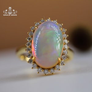 18k rose gold opal ring/Transparent Boulder Genuine Opal Ring with D color Diamonds/Natural handmade Opal Engagement Wedding Bridal gift