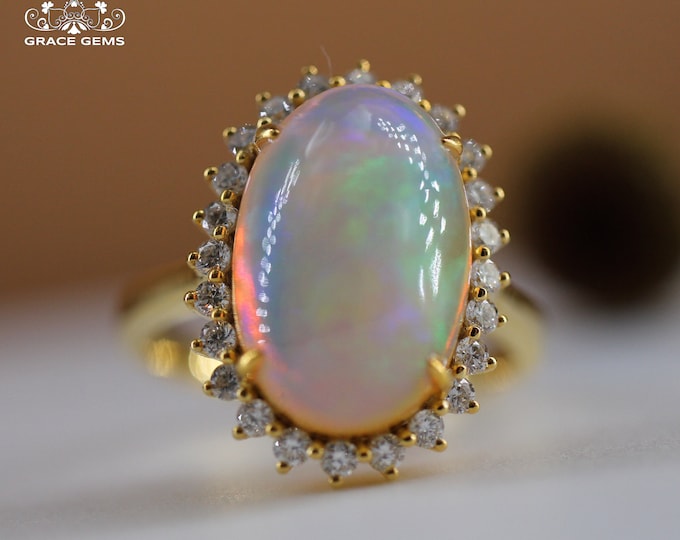 18k rose gold opal ring/Transparent Boulder Genuine Opal Ring with D color Diamonds/Natural handmade Opal Engagement Wedding Bridal gift