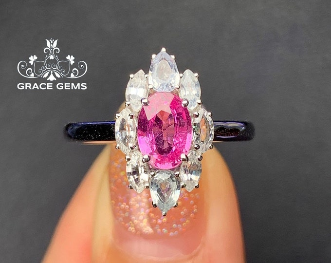 18k pink sapphire ring/Natural Padparadcha sapphire engagement wedding ring/white sapphire halo bezel/ Handmade unique pink stone/signet