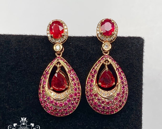 18k rose gold natural ruby dangler/Multi stone ruby studs with diamonds/ Chandelier Ruby earrings/handmade jewelry gift/bridal bridesmaid