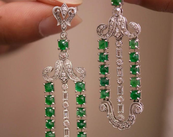 Natural Emerald Bead Drop Earrings, 18k White Gold Diamond Thread Earrings, Unique Fine Jewelry Gift, May birthstone, Natural emerald dangle