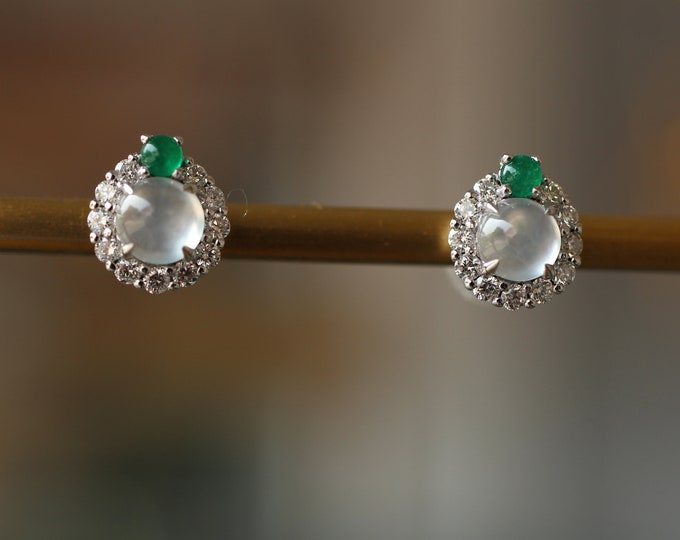 18k white Gold Myanmar Natural Icy Type Jadeite Jade Studs/Ruby Flower Heart/Translucent Burmese Jade earrings/One of a kind gift for her