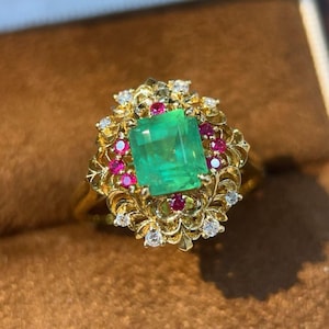 Emerald Cut Emerald & Ruby Halo Ring: 18k Gold Diamond Accent/emerald luxury jewelry, gift for her emerald, fine gold emerald ring luxury