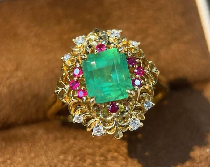 Emerald Cut Emerald & Ruby Halo Ring: 18k Gold Diamond Accent/emerald luxury jewelry, gift for her emerald, fine gold emerald ring luxury