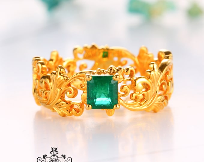 18k Gold Natural Emerald ring/Certified Columbia emerald  Engagement Wedding Ring/Vintage antique handmade bridal band/Birthday anniversary