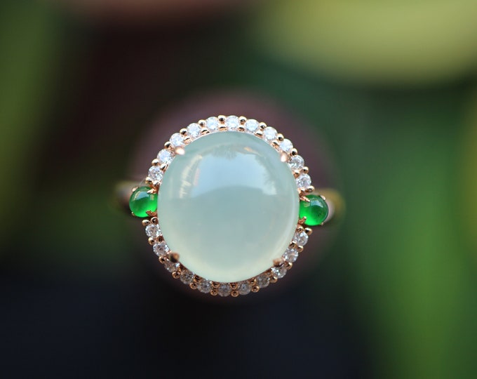 18k Solid Rose Gold Natural Myanmar Icy Jadeite ring with diamonds and vivid green jadeites/One of a kind  handmade Engagement Wedding  ring