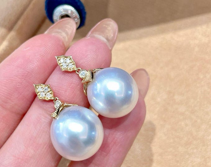 18k White Gold 13mm South Sea Pearl Earrings with Diamonds: Handmade Certified Saltwater pearls jewelry/Genuine pearl gift for mom/genuine