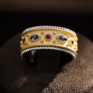 Handmade Solid Gold Wedding Band: Emerald, Ruby & Sapphire Ring